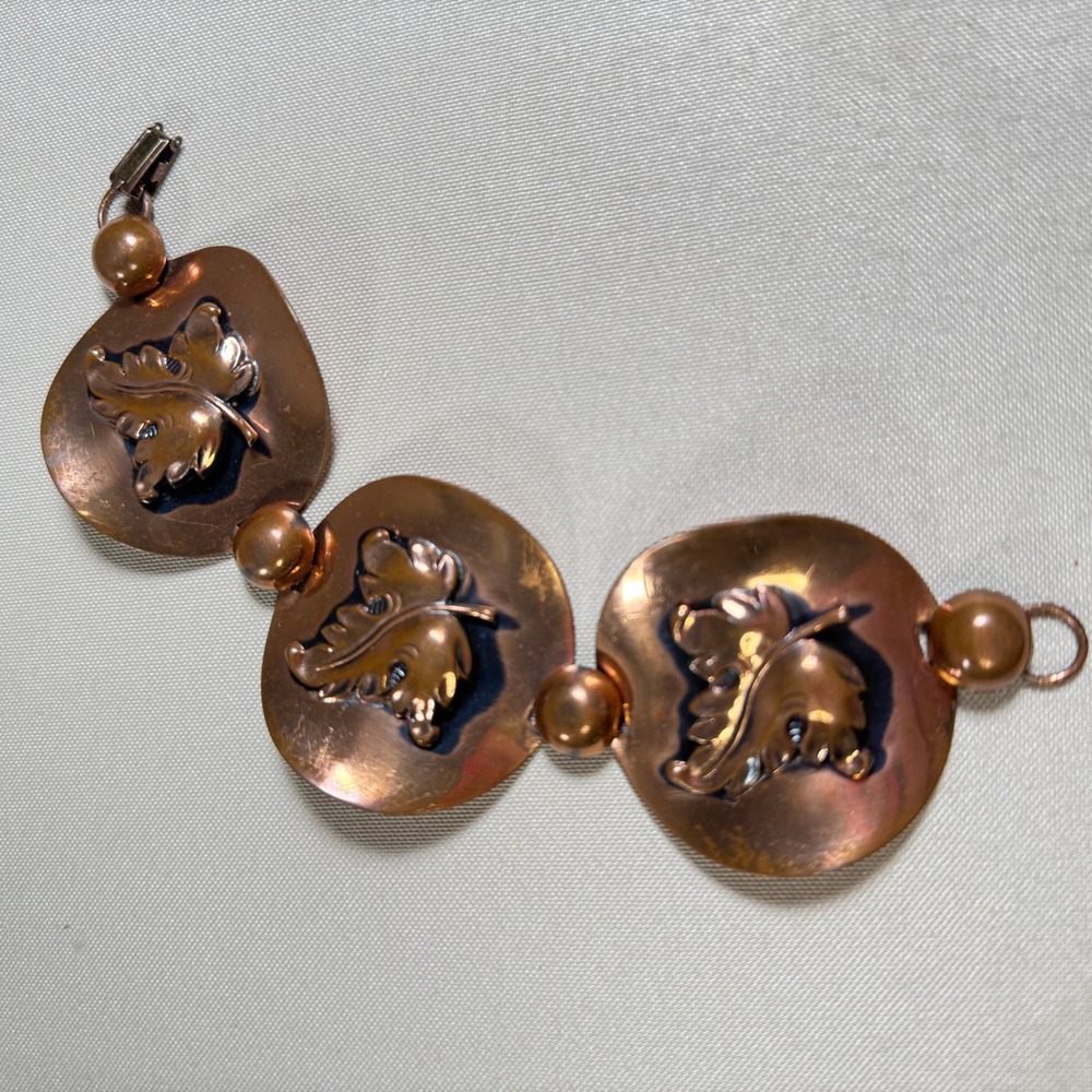 Vintage Copper Art‎ Nouveau Leaf Link Bracelet Patina Nature Boho Statement 7"